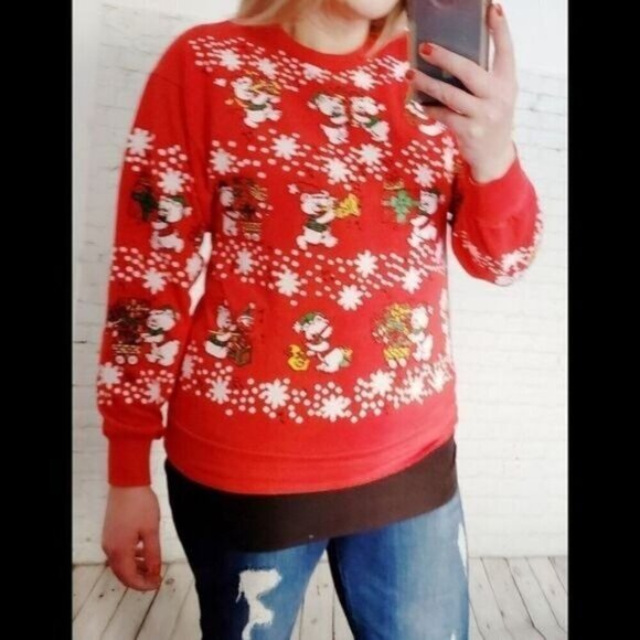 Vintage 80s 90s Kawaii Red Cute Teddy Bear Ugly Christmas Sweatshirt - Picture 4 of 10